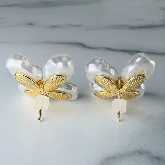 Faux Ivory Freshwater Baroque Pearl Earrings with Prong Set Crystal Gold Plate - Picture 3 of 5